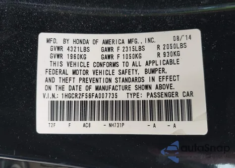 2015 Honda Accord Sport from USA, damaged, VIN 1HGCR2F56FA007735